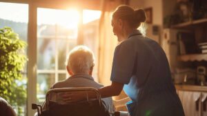 Older adults share a meal while a caregiver offers assistance in a bright communal dining room.