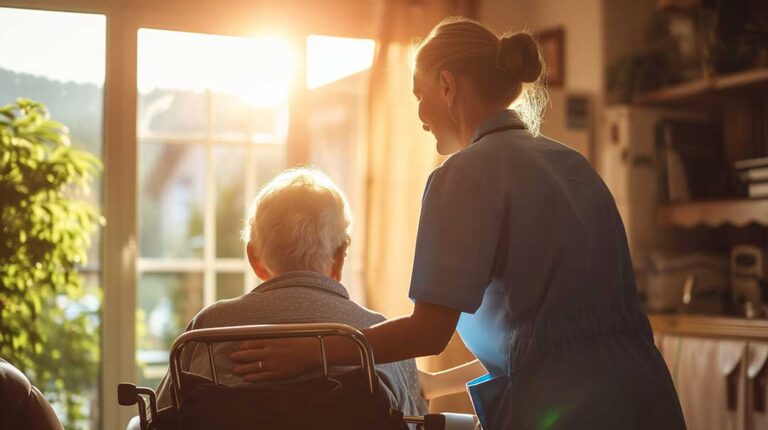 Older adults share a meal while a caregiver offers assistance in a bright communal dining room.